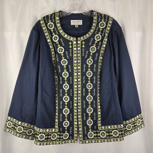 Victor Costa Navy Blue Green Medallion Embroidered Sequin Jacket Plus Size 3X
